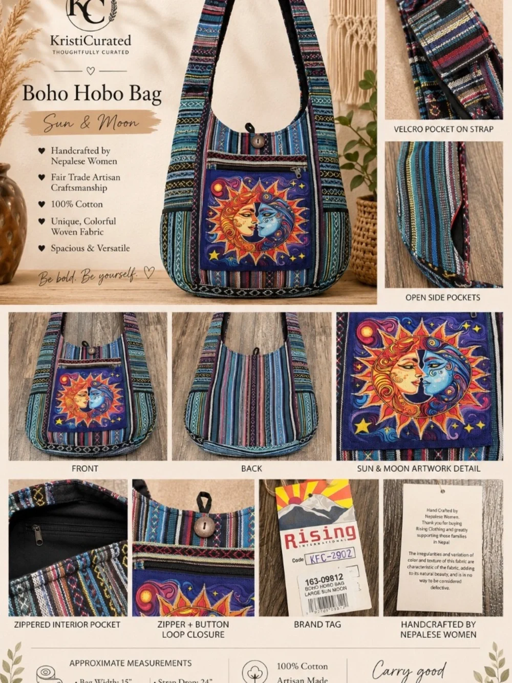 Rising International Large Sun & Moon Boho Hobo Bag Handcrafted Nepal NWT